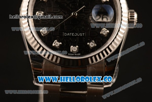 Rolex Datejust Clone Rolex 3135 Automatic Stainless Steel Case/Bracelet with Black Dial and Diamonds Markers - 1:1 Original (MARK F) - Click Image to Close